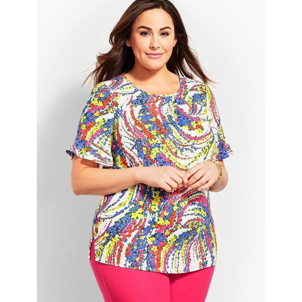Talbots Top 2X Swirling Floral Ruffle Sleeve Colorful